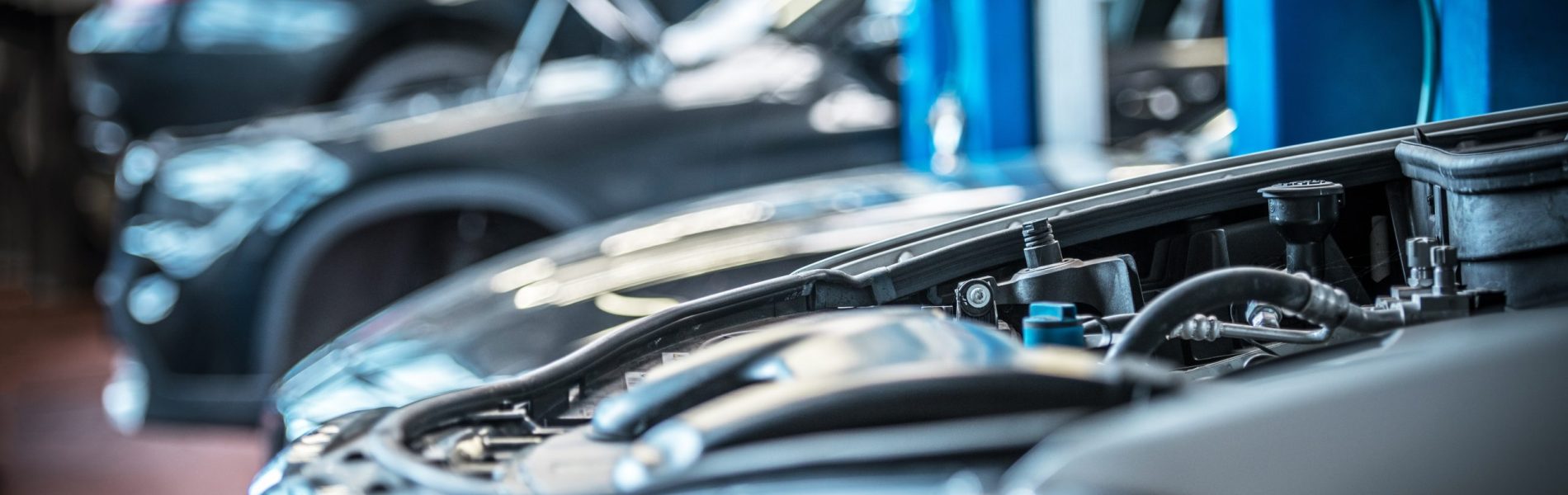 Car in Auto Service Broken Cars in Auto Service. Vehicle Engine Problem. Open Hood.